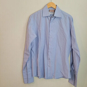 Thomas Mens Button-Up Shirt 15.5 Blue Cotton Striped Slim Fit Long Sleeves